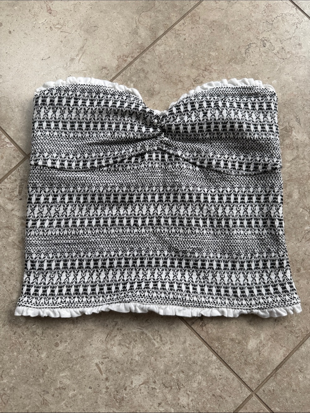 Anthropologie Black & White Smocked Strapless Crop Top